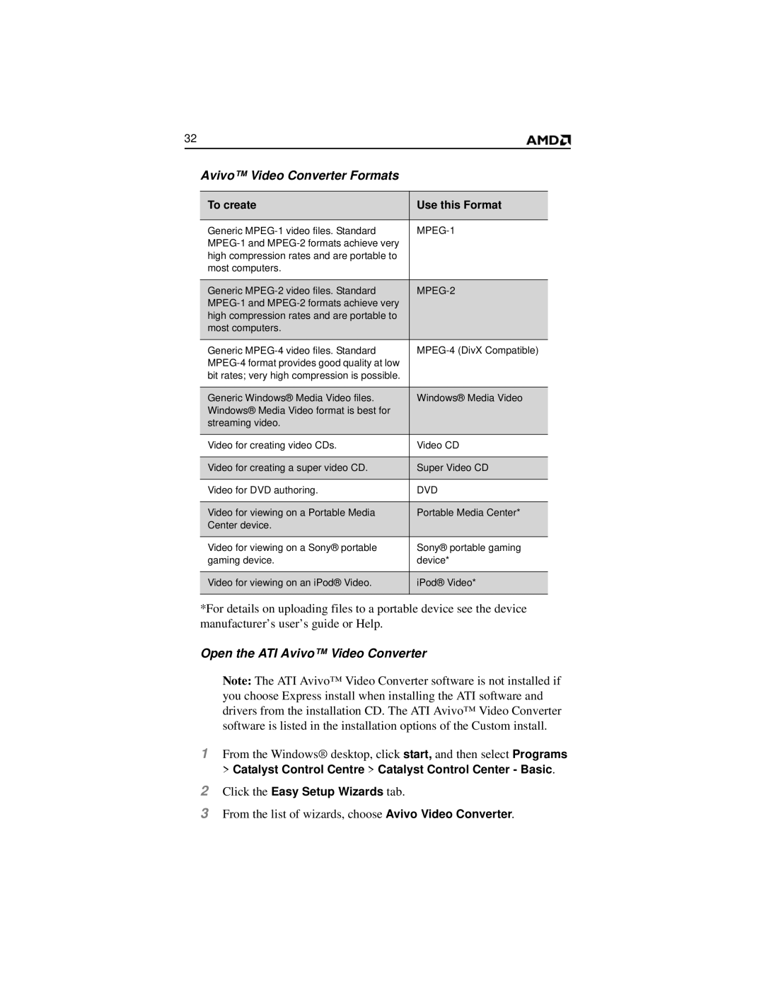 AMD 2600 manual Avivo Video Converter Formats, Open the ATI Avivo Video Converter 