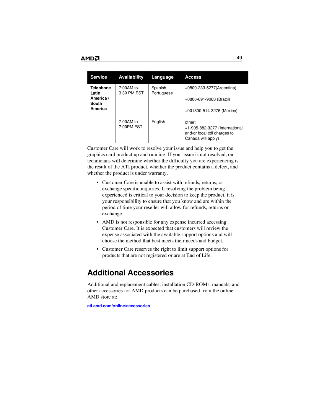 AMD 2600 manual Additional Accessories, Latin, South America 