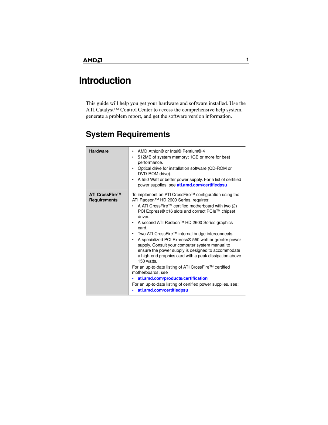 AMD 2600 manual Introduction, System Requirements, Hardware, ATI CrossFire 