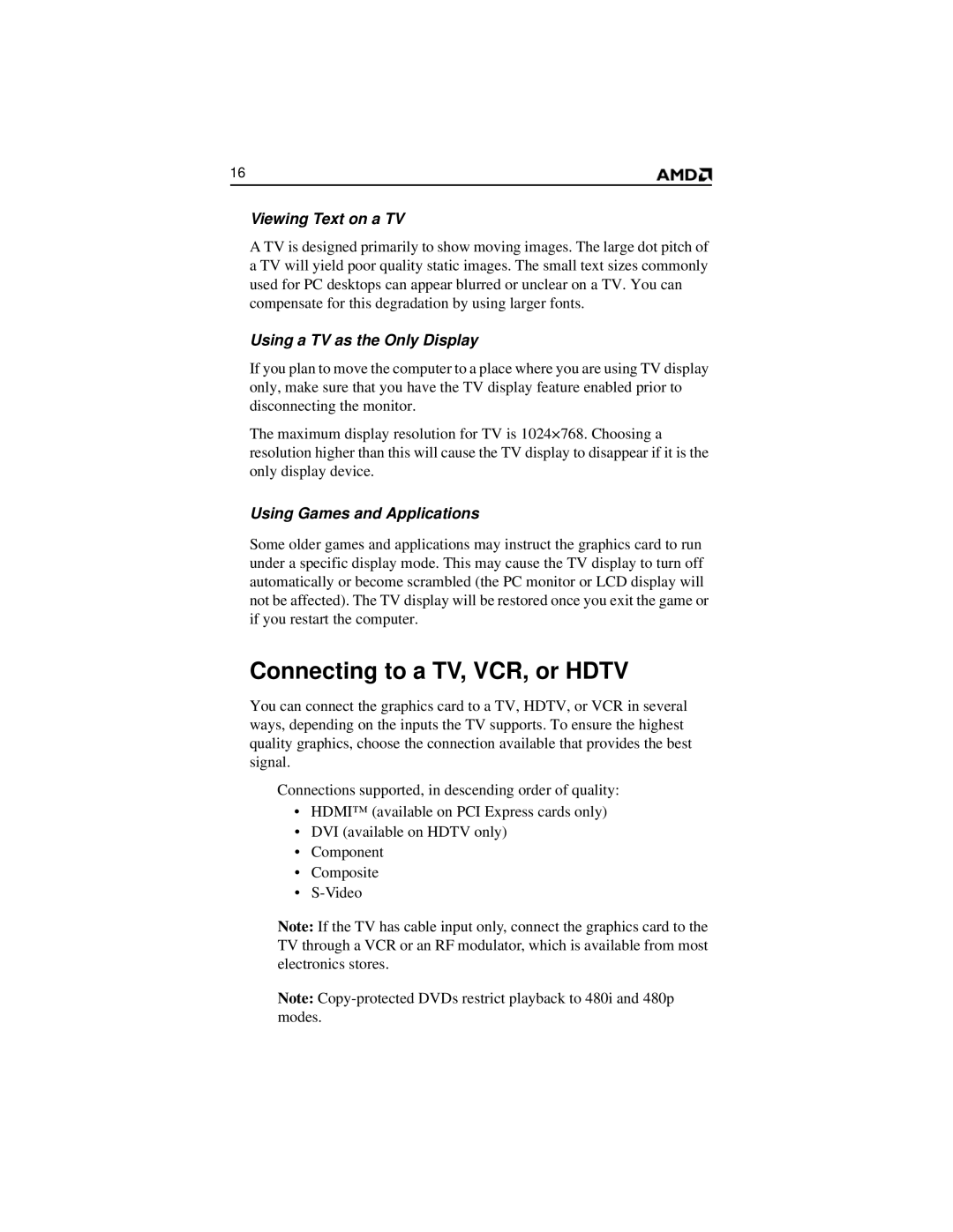 AMD 2600 manual Connecting to a TV, VCR, or Hdtv, Viewing Text on a TV, Using a TV as the Only Display 