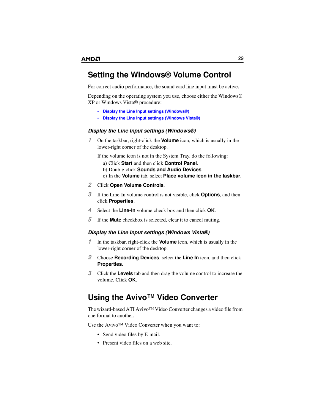 AMD 2600 manual Using the Avivo Video Converter, Display the Line Input settings Windows Vista 