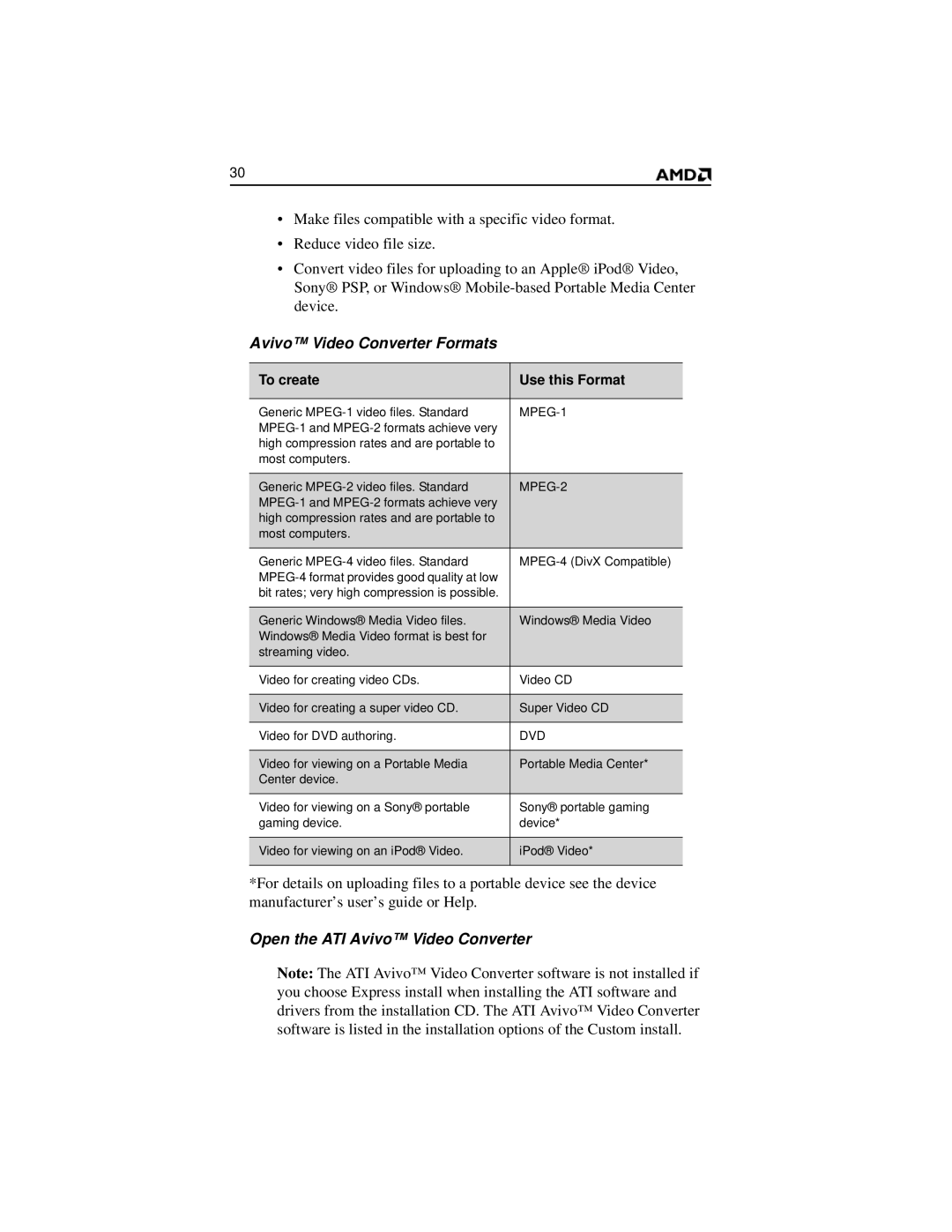 AMD 2600 manual Avivo Video Converter Formats, Open the ATI Avivo Video Converter 