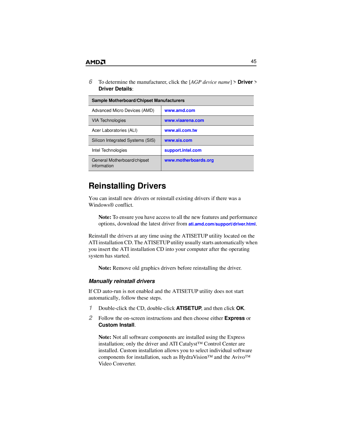 AMD 2600 manual Reinstalling Drivers, Manually reinstall drivers, Sample Motherboard/Chipset Manufacturers 