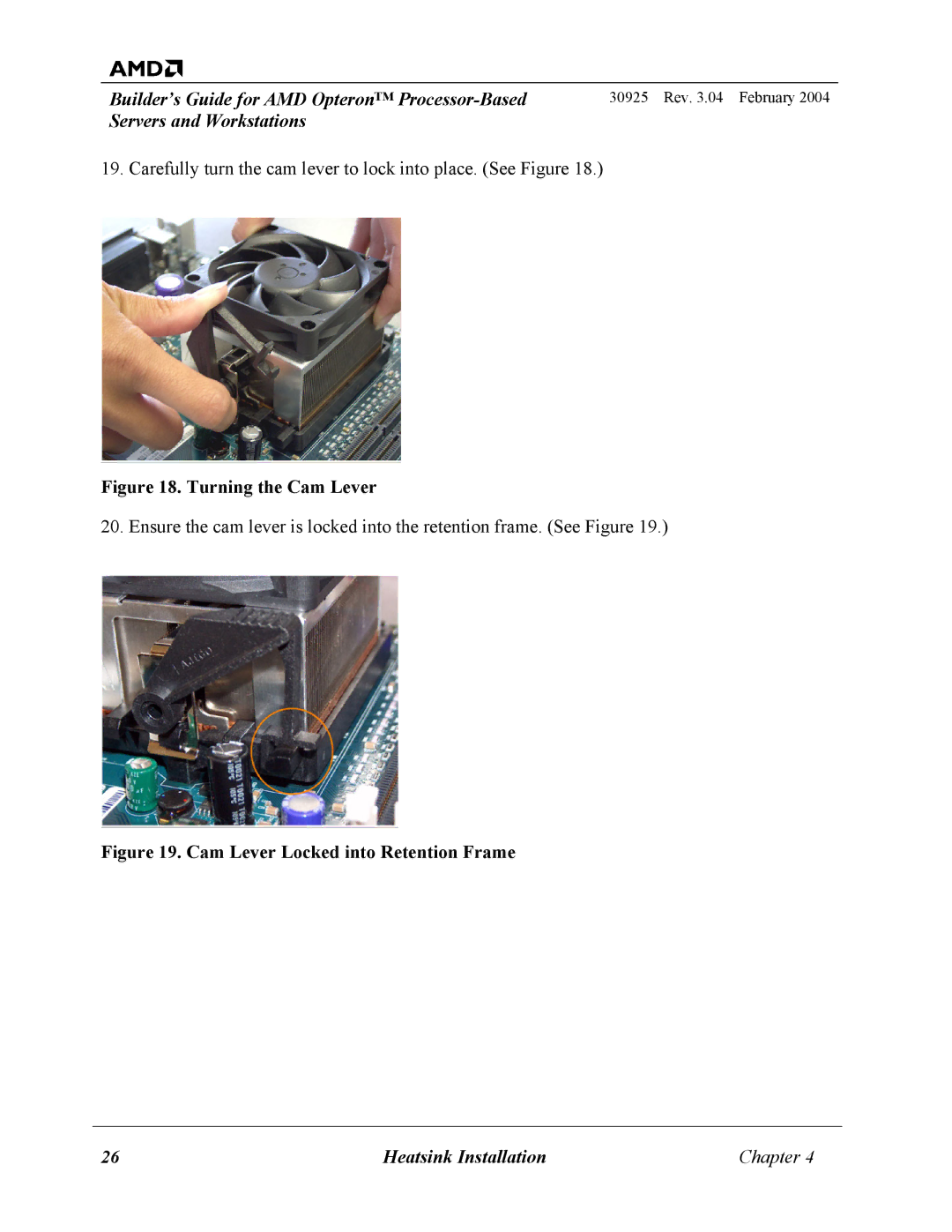 AMD 30925 manual Turning the Cam Lever 