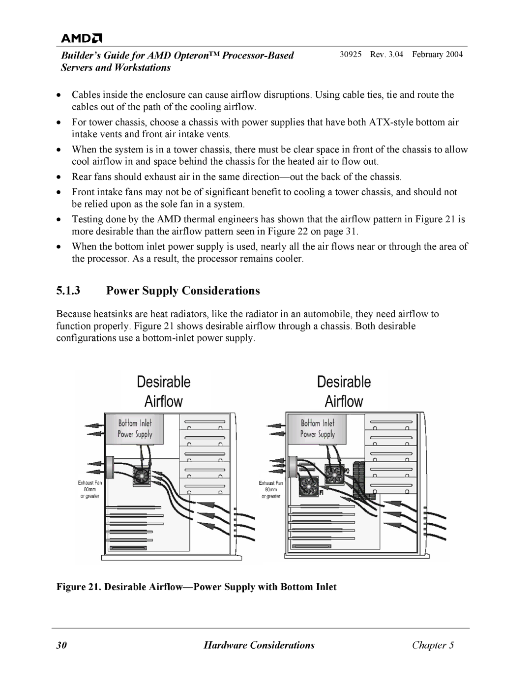 AMD 30925 manual Power Supply Considerations, Desirable Airflow-Power Supply with Bottom Inlet 