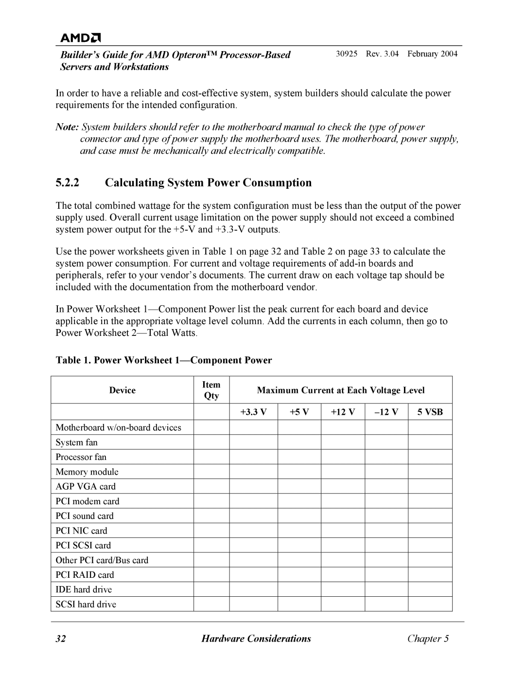 AMD 30925 manual Calculating System Power Consumption, Power Worksheet 1-Component Power 