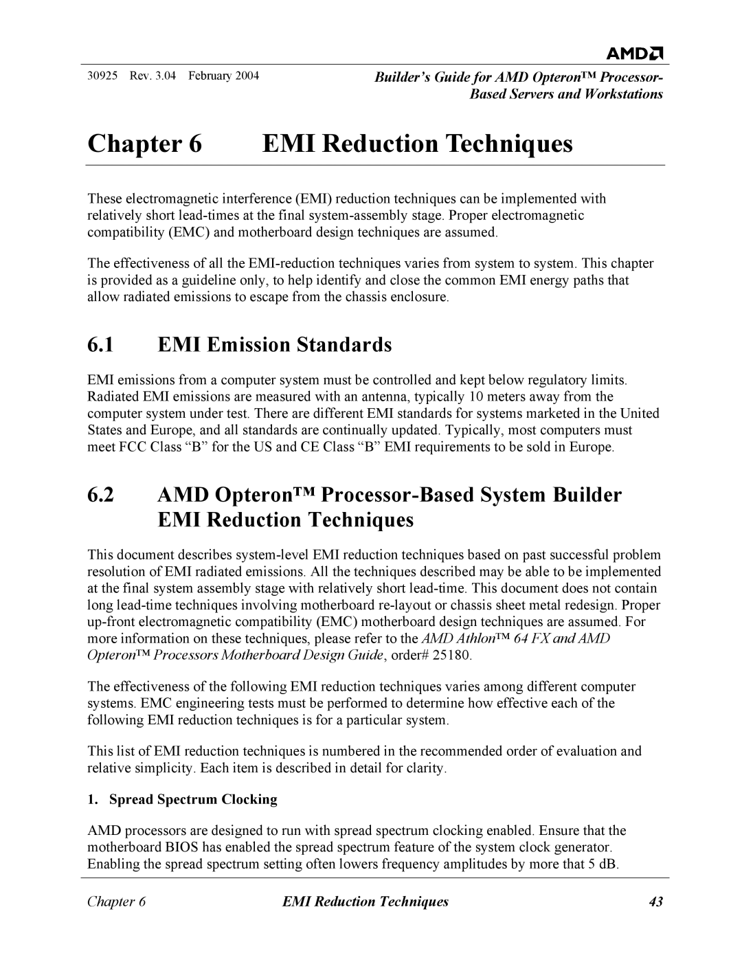 AMD 30925 manual EMI Reduction Techniques, EMI Emission Standards, Spread Spectrum Clocking 