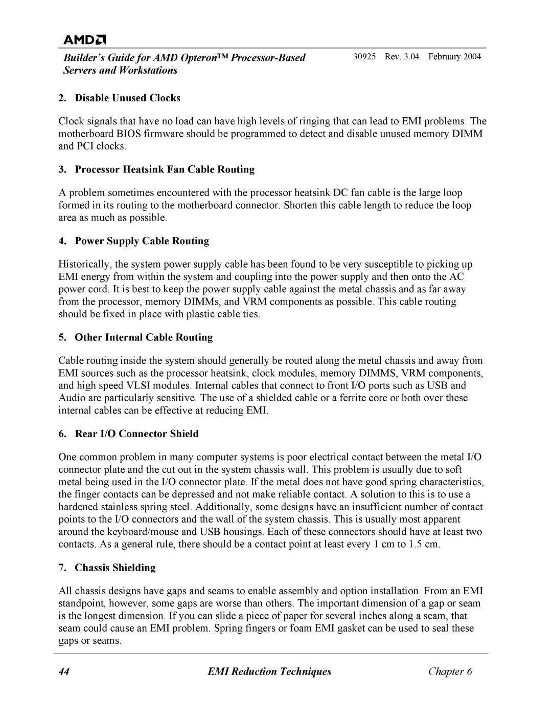 AMD 30925 manual Disable Unused Clocks, Processor Heatsink Fan Cable Routing, Power Supply Cable Routing, Chassis Shielding 