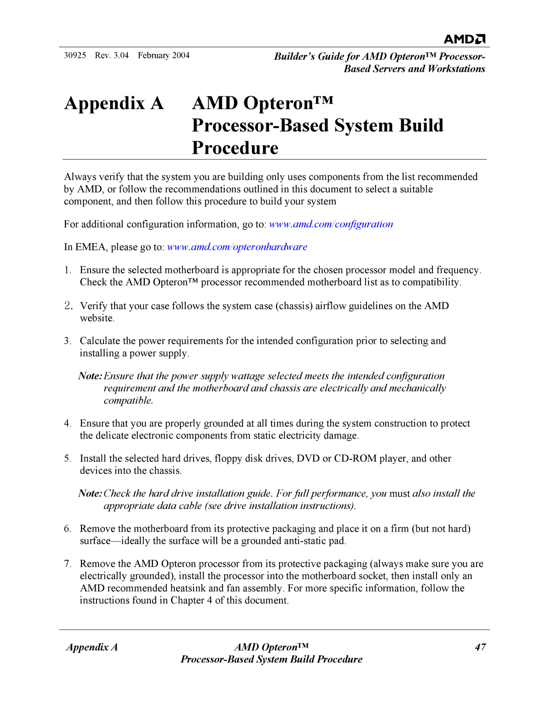 AMD 30925 manual Appendix a 