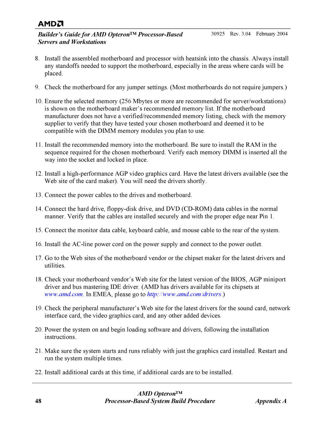 AMD 30925 manual AMD Opteron Processor-Based System Build Procedure 