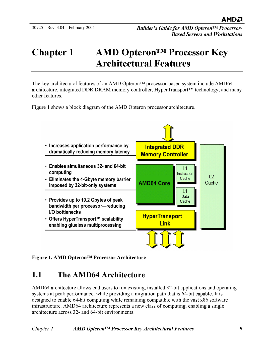 AMD 30925 manual AMD Opteron Processor Key Architectural Features, AMD64 Architecture 