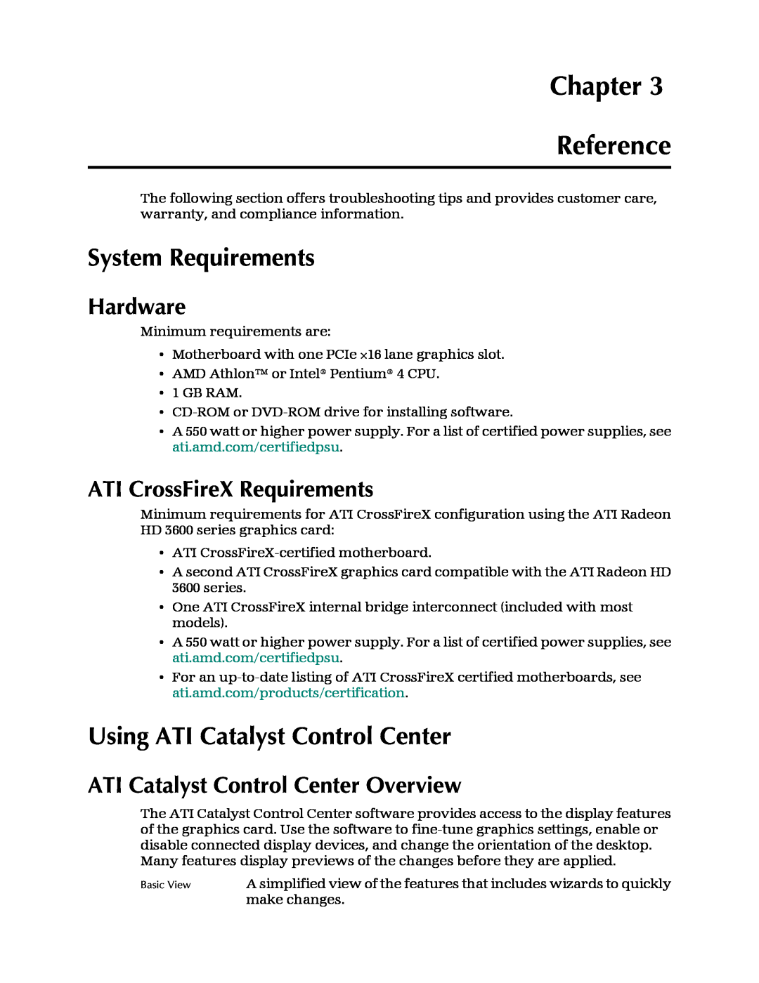 AMD 3600 Chapter Reference, System Requirements, Using ATI Catalyst Control Center, Hardware, ATI CrossFireX Requirements 