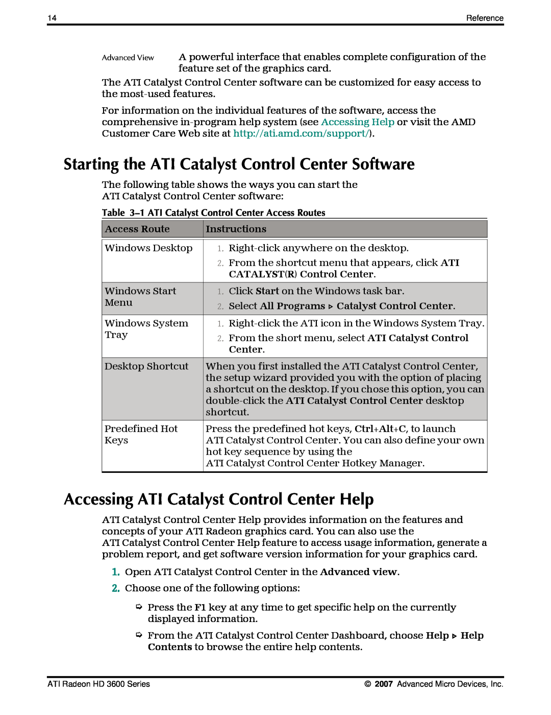 AMD 3600 manual Starting the ATI Catalyst Control Center Software, Accessing ATI Catalyst Control Center Help, Access Route 