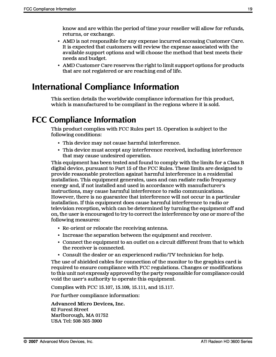 AMD 3600 manual International Compliance Information, FCC Compliance Information, Advanced Micro Devices, Inc 