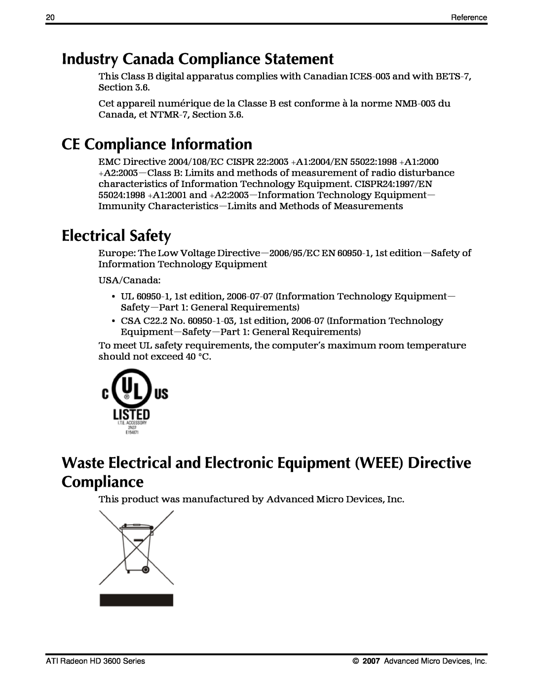 AMD 3600 manual Industry Canada Compliance Statement, CE Compliance Information, Electrical Safety 