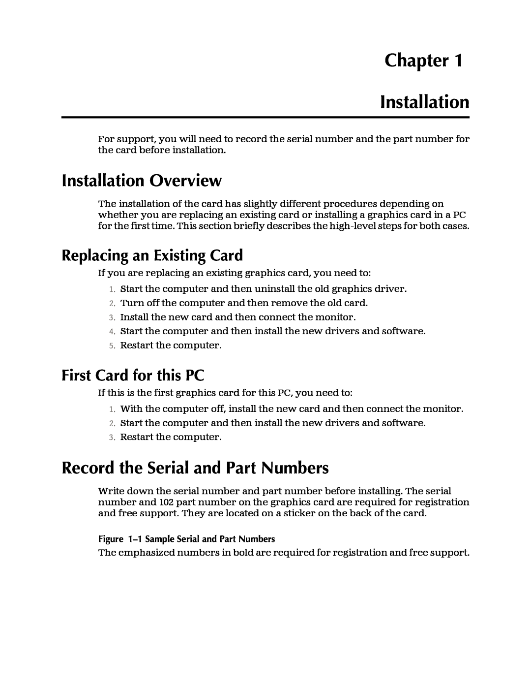 AMD 3600 manual Chapter Installation, Installation Overview, Record the Serial and Part Numbers, Replacing an Existing Card 