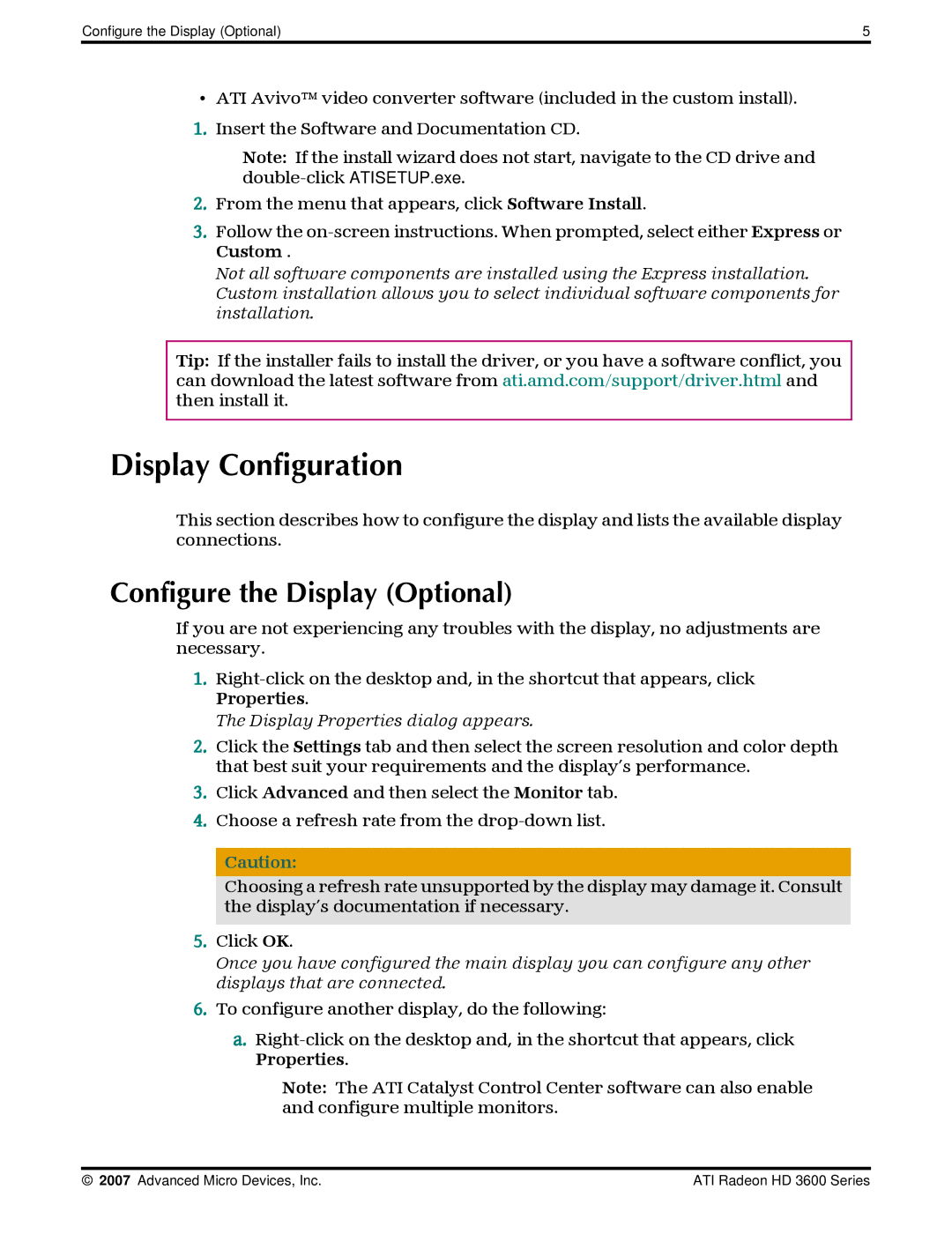 AMD 3600 manual Display Configuration, Configure the Display Optional 