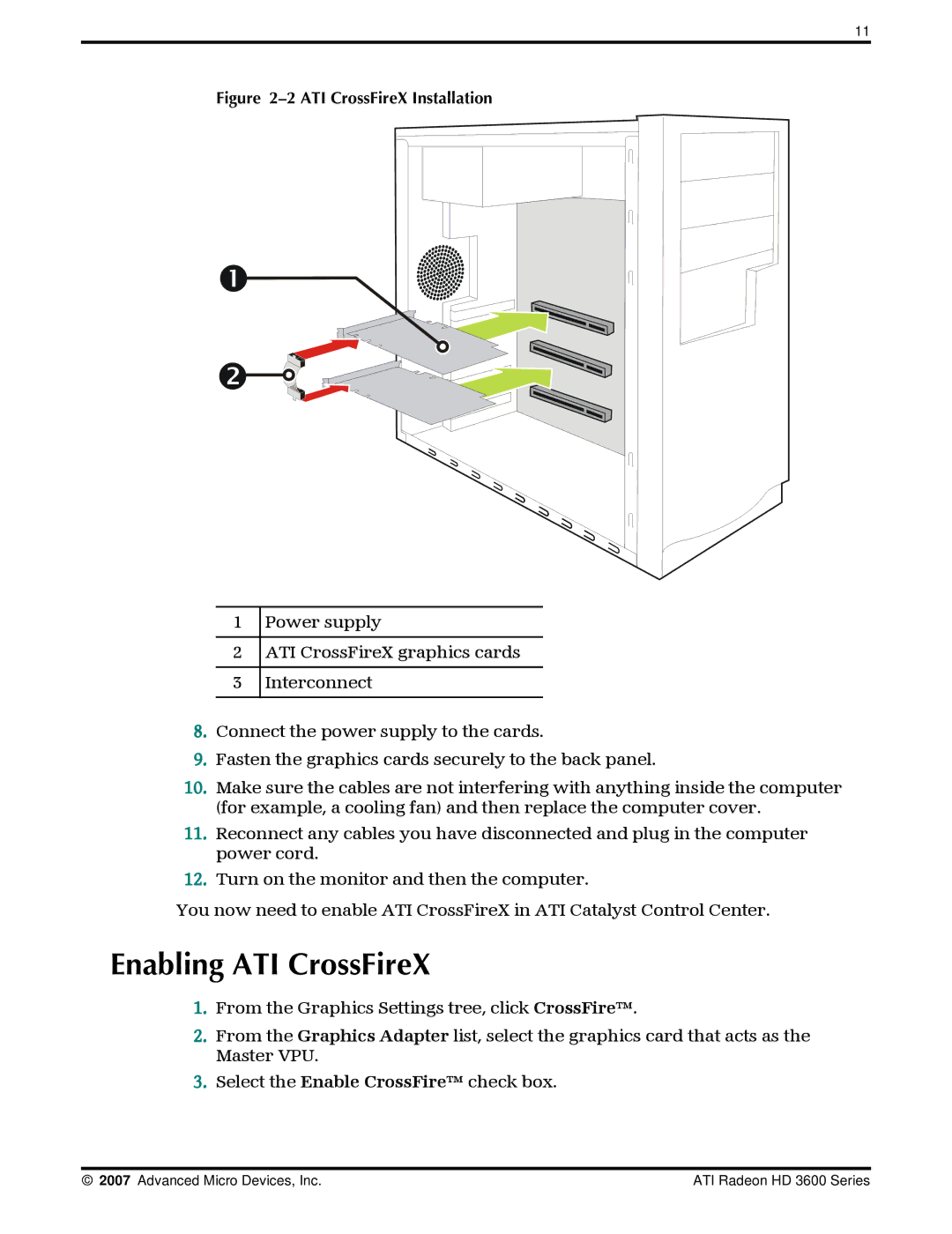 AMD 3600 manual Enabling ATI CrossFireX, ATI CrossFireX Installation 