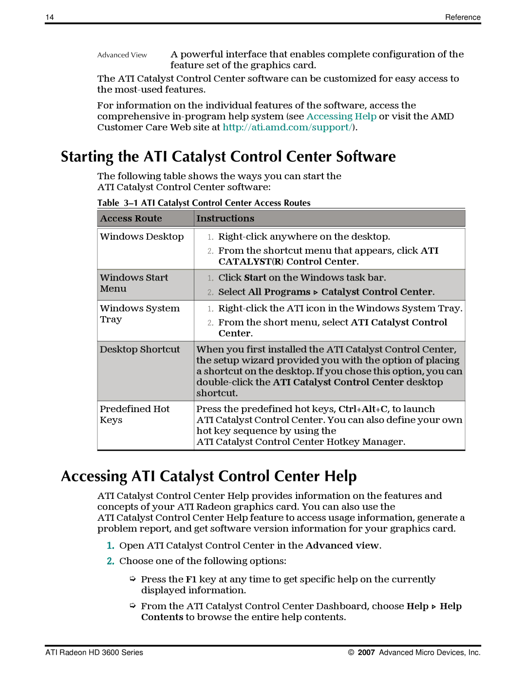 AMD 3600 manual Starting the ATI Catalyst Control Center Software, Accessing ATI Catalyst Control Center Help 