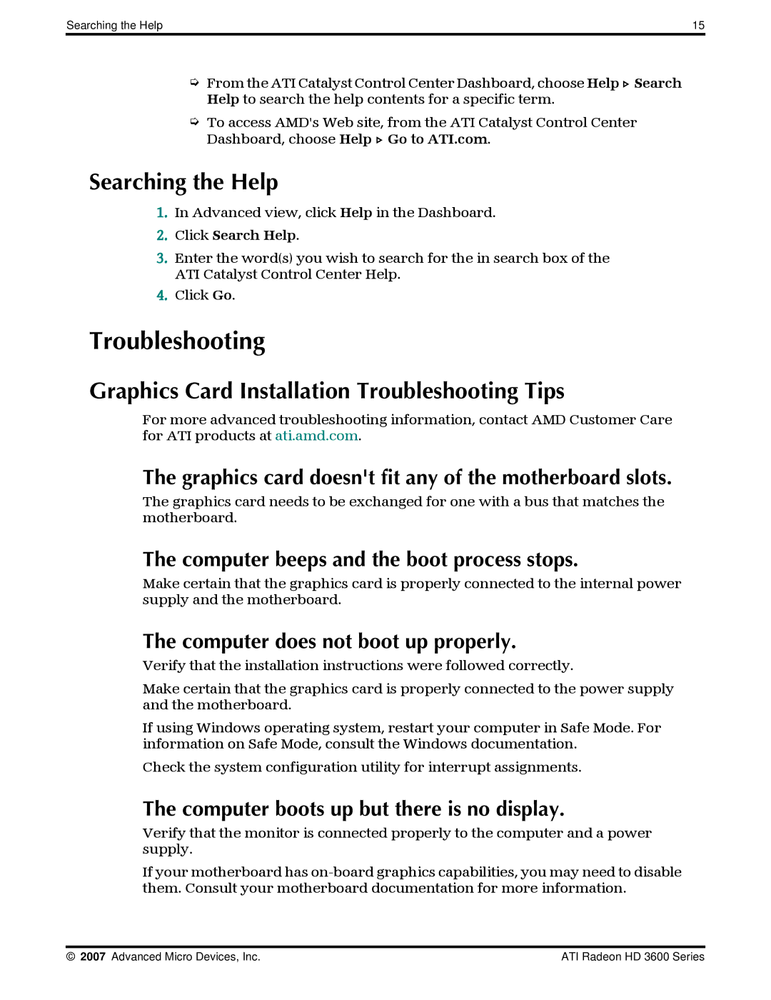 AMD 3600 manual Searching the Help, Graphics Card Installation Troubleshooting Tips, Click Search Help 