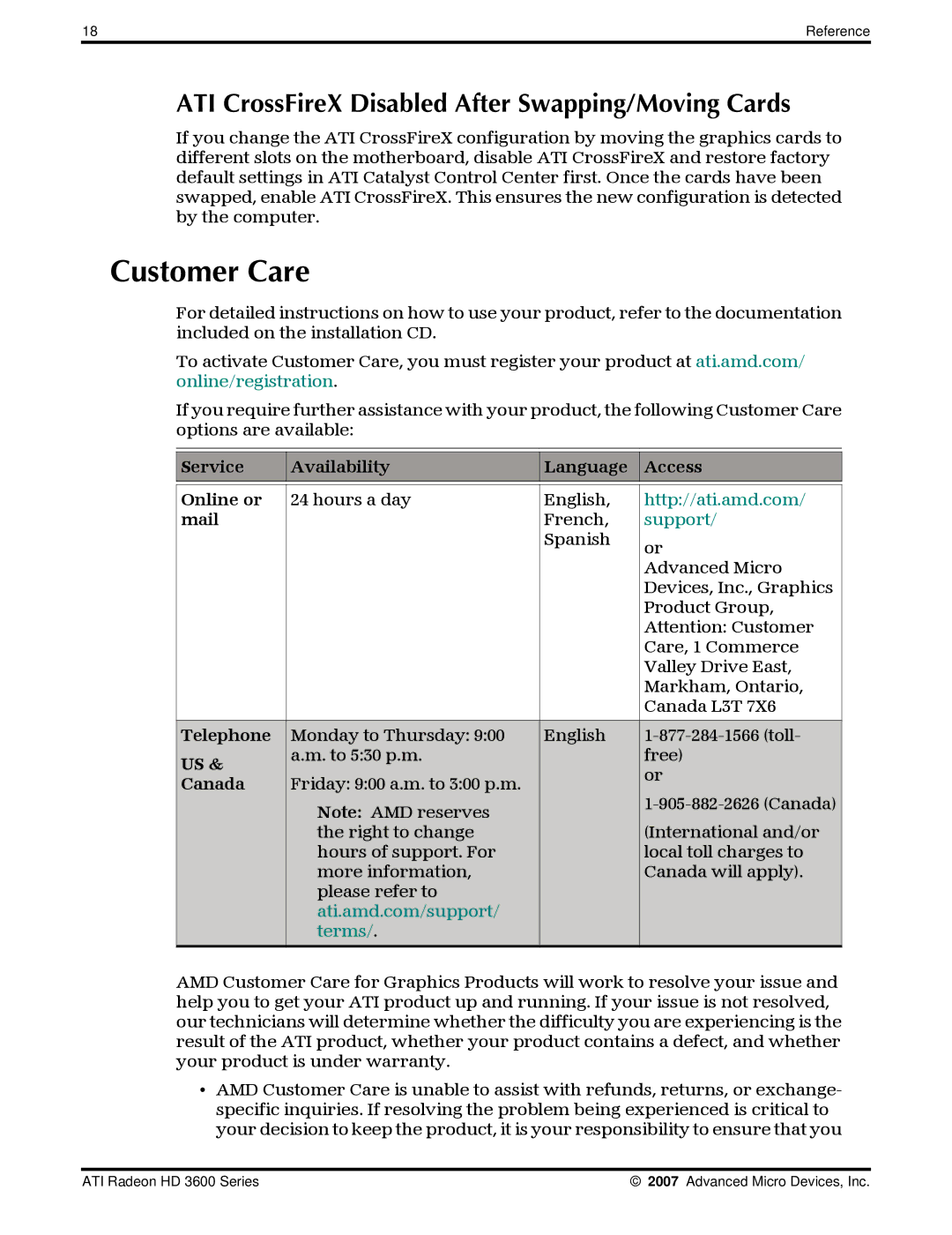 AMD 3600 manual Customer Care, Service Availability Language Access Online or, Mail, Telephone, Canada 