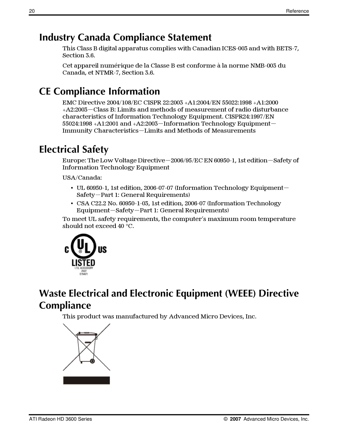 AMD 3600 manual Industry Canada Compliance Statement, CE Compliance Information, Electrical Safety 