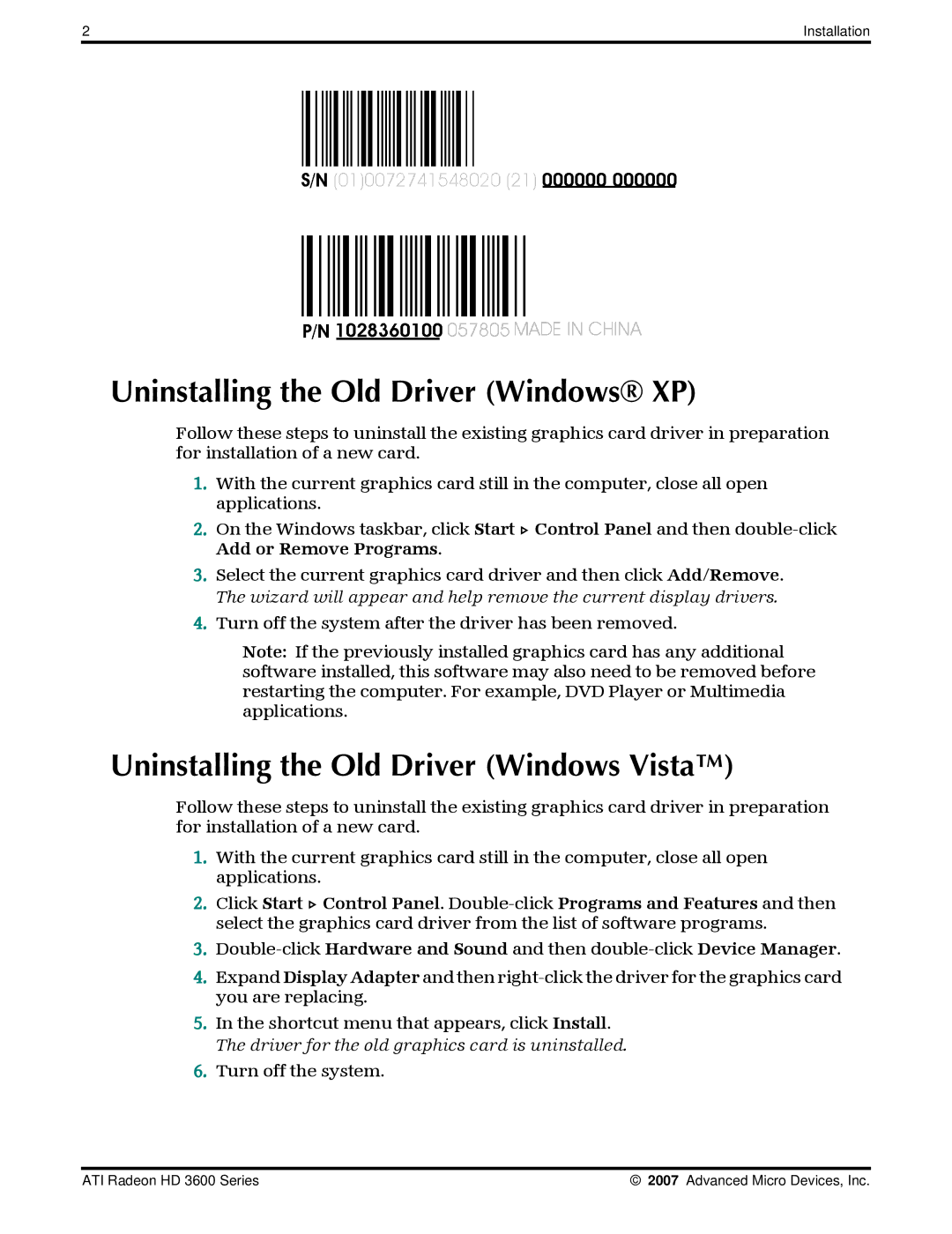 AMD 3600 manual Uninstalling the Old Driver Windows XP, Uninstalling the Old Driver Windows Vista 