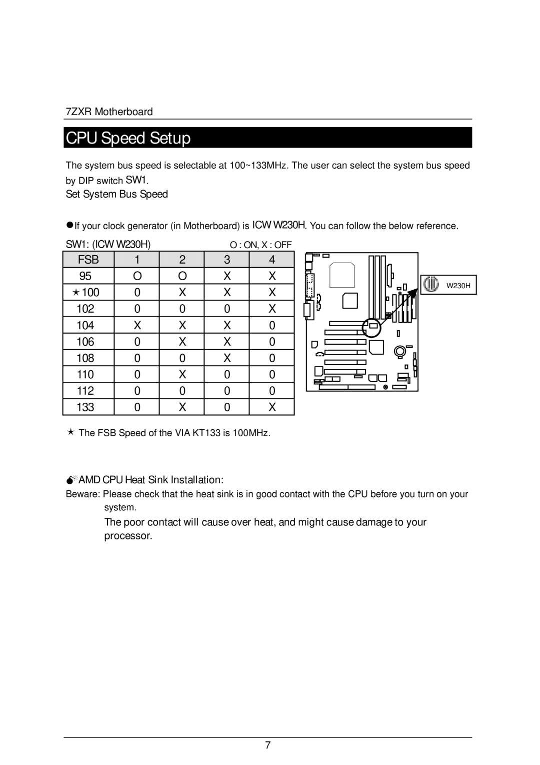 AMD 4118 specifications CPU Speed Setup, Ë100 102 104 106 108 110 112 133, Set System Bus Speed, SW1 ICW W230H 