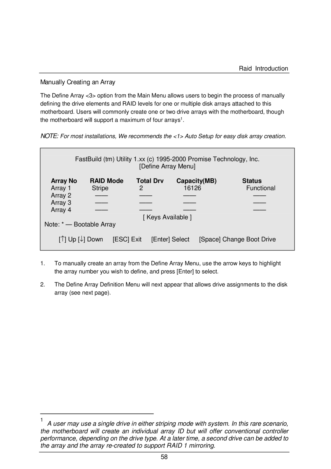 AMD 4118 specifications Manually Creating an Array, Array No RAID Mode Total Drv CapacityMB Status 