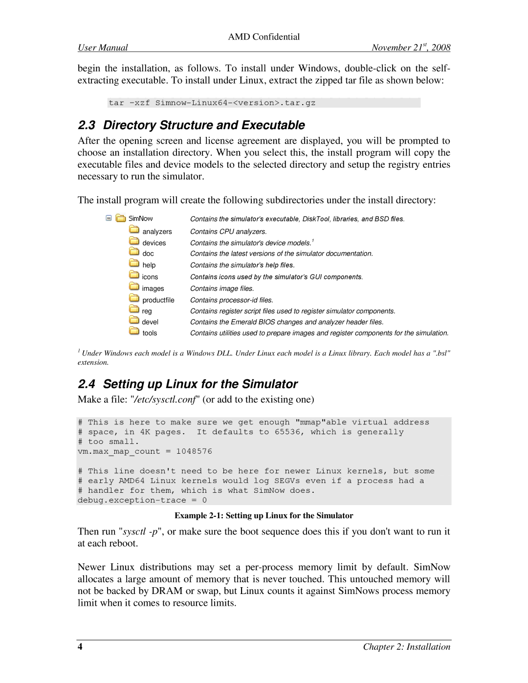 AMD 4.4.5 user manual Directory Structure and Executable, Setting up Linux for the Simulator 