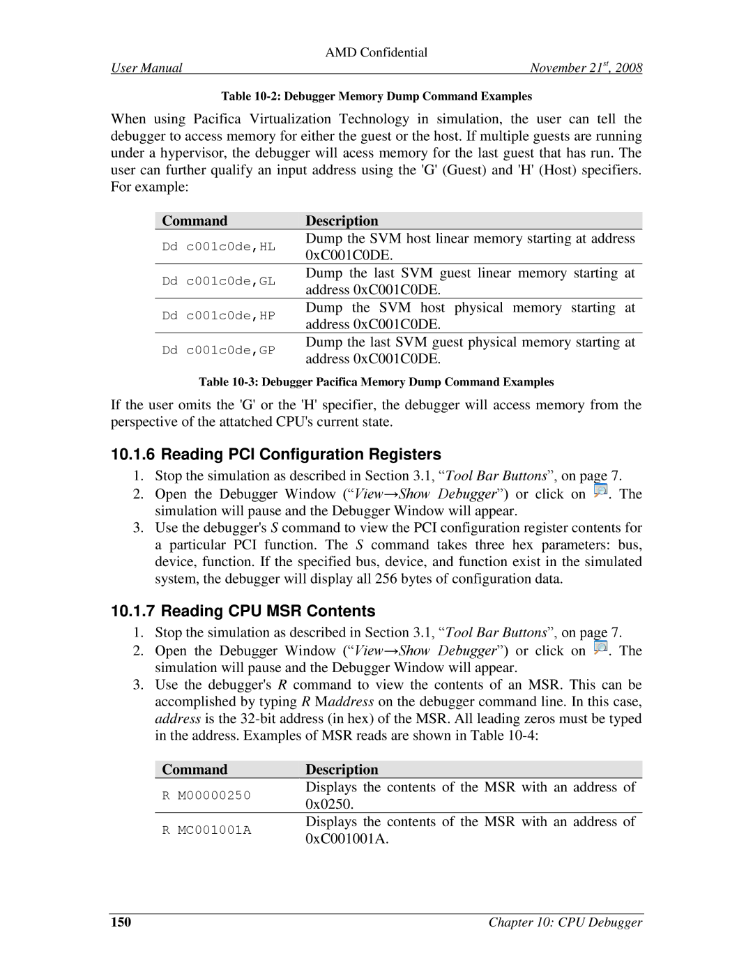 AMD 4.4.5 user manual Reading PCI Configuration Registers, Reading CPU MSR Contents 