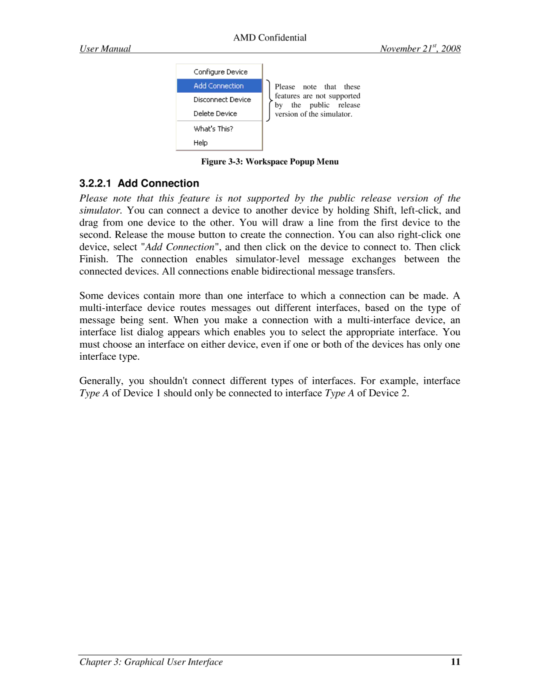 AMD 4.4.5 user manual Add Connection, Workspace Popup Menu 