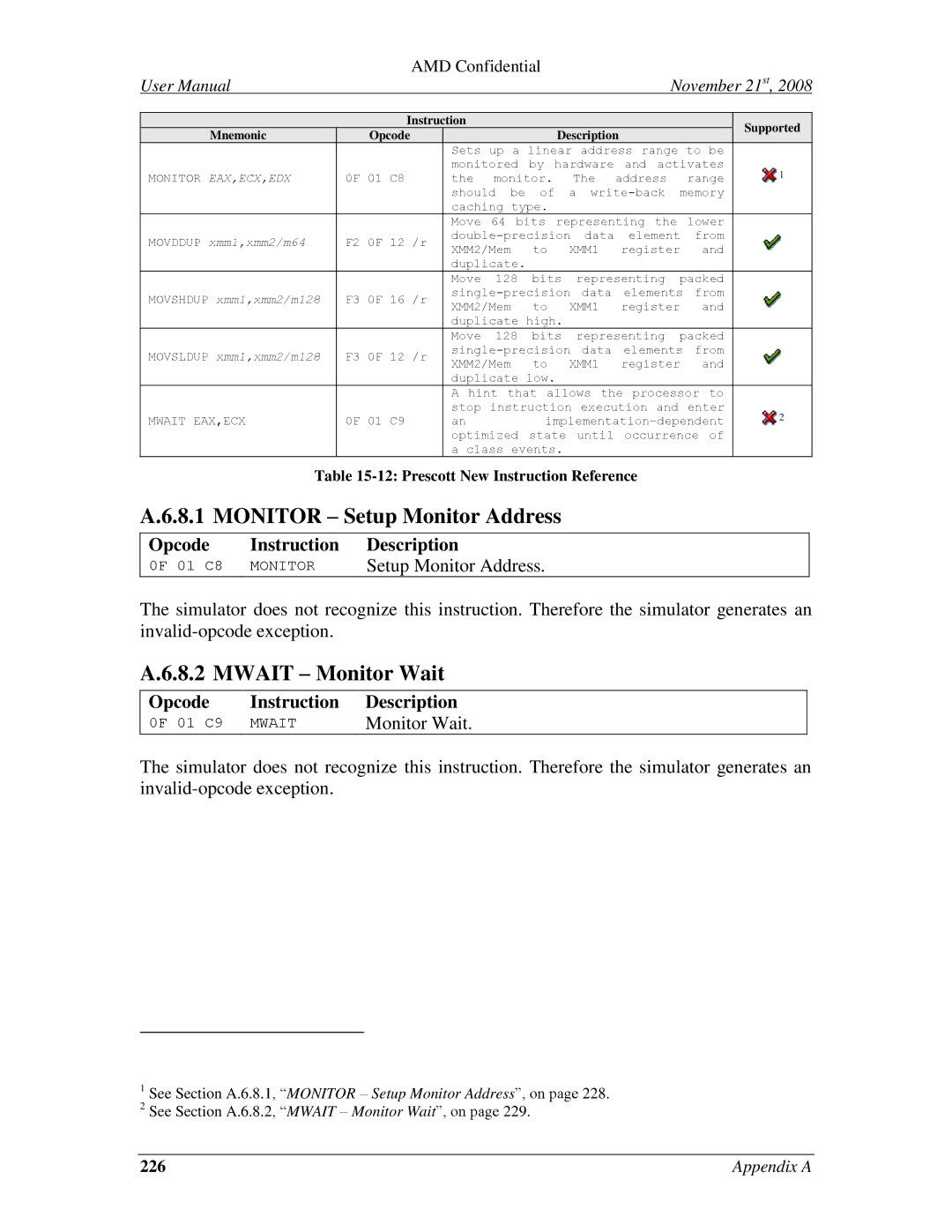 AMD 4.4.5 user manual Setup Monitor Address, Monitor Wait, Movddup xmm1,xmm2/m64 