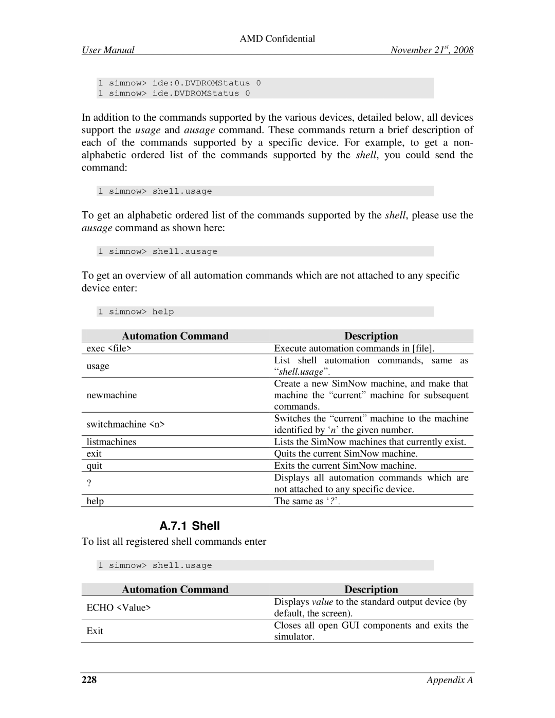 AMD 4.4.5 user manual Shell, Automation Command Description 