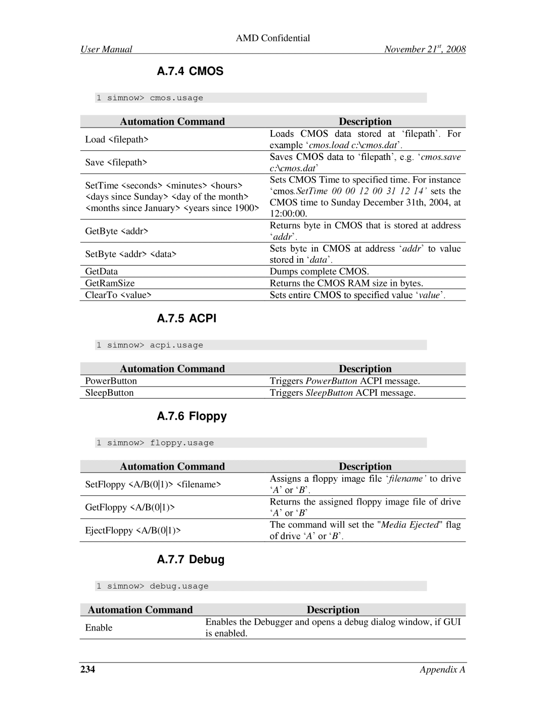 AMD 4.4.5 user manual Cmos, Acpi, Floppy, Debug 