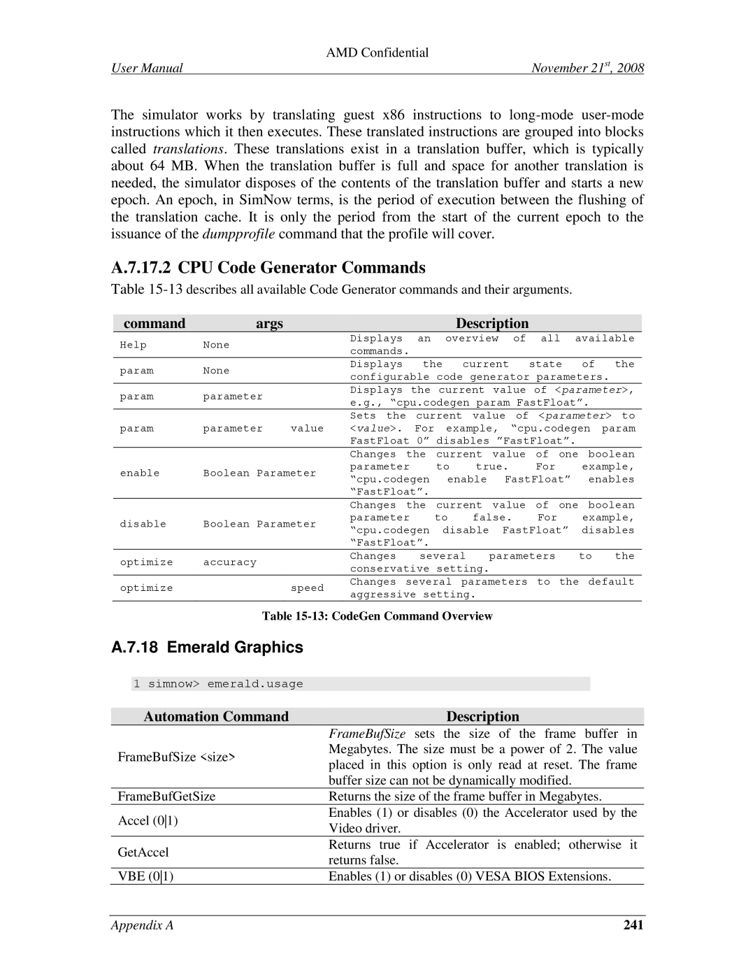 AMD 4.4.5 user manual Emerald Graphics, Command Args Description, 241 