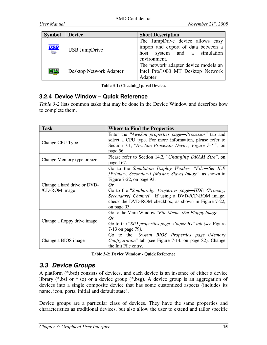 AMD 4.4.5 user manual Device Groups, Device Window Quick Reference, Task Where to Find the Properties 