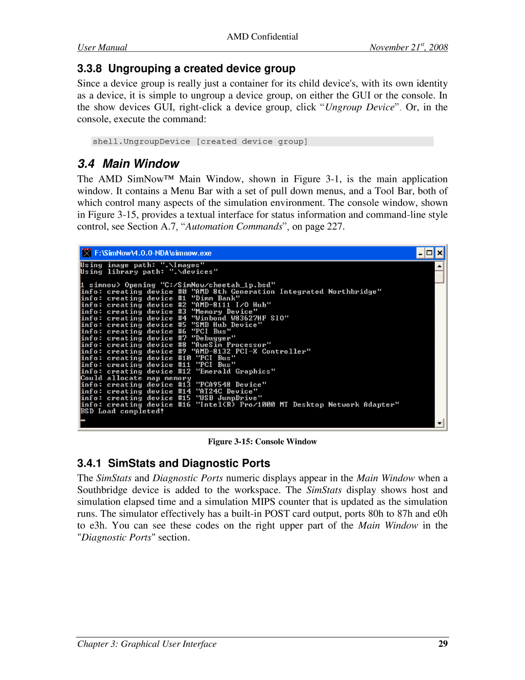 AMD 4.4.5 user manual Main Window, Ungrouping a created device group, SimStats and Diagnostic Ports 