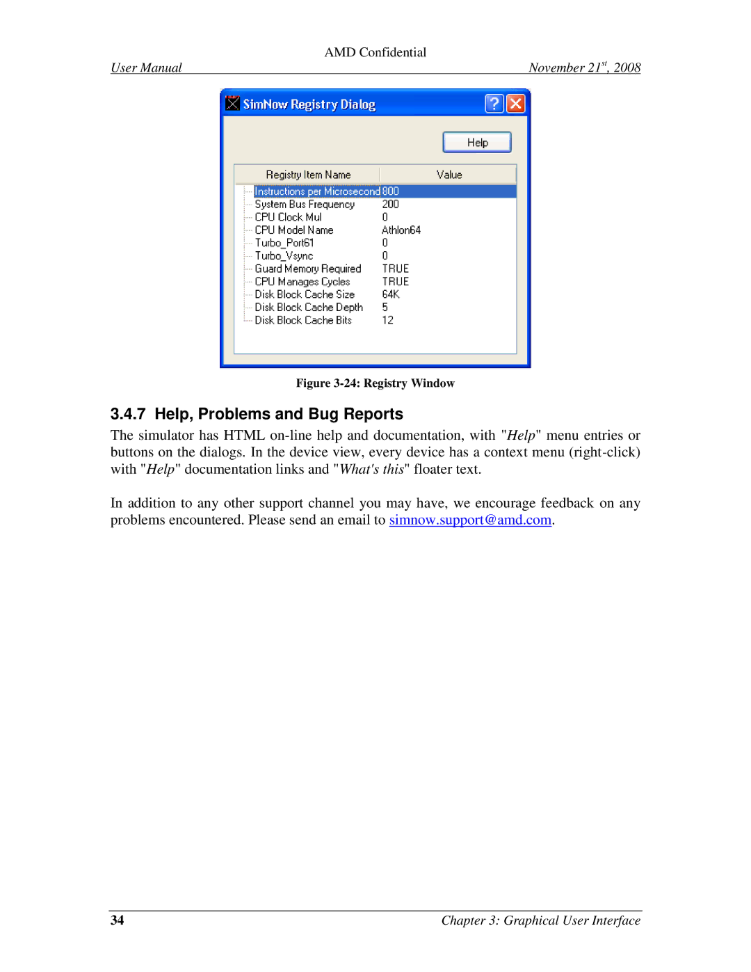 AMD 4.4.5 user manual Help, Problems and Bug Reports, Registry Window 