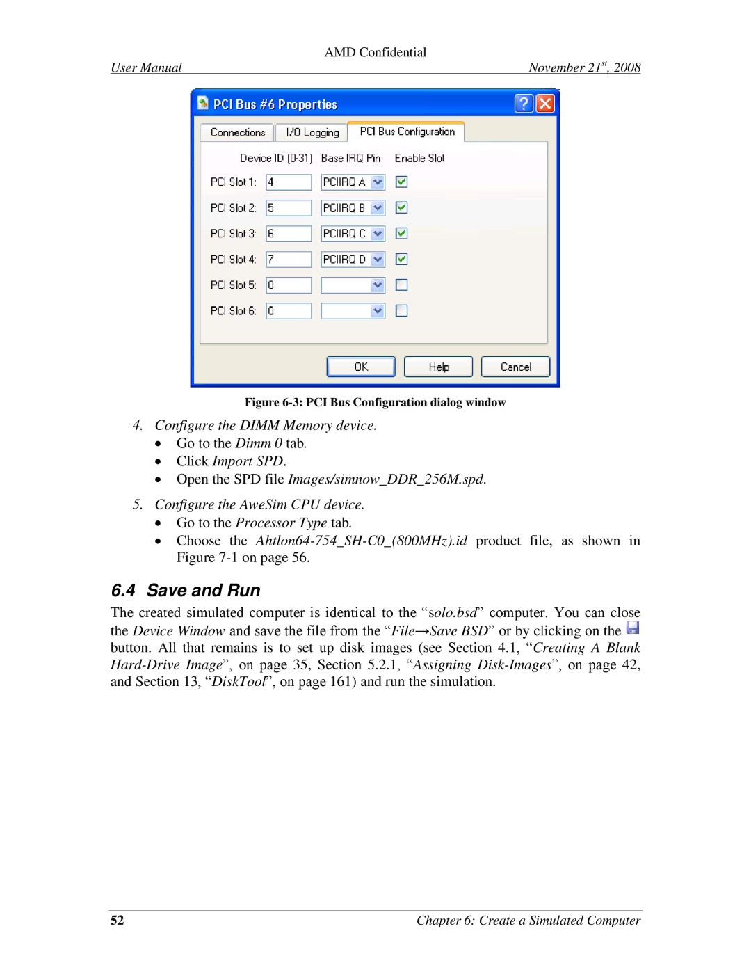 AMD 4.4.5 user manual Save and Run, PCI Bus Configuration dialog window 