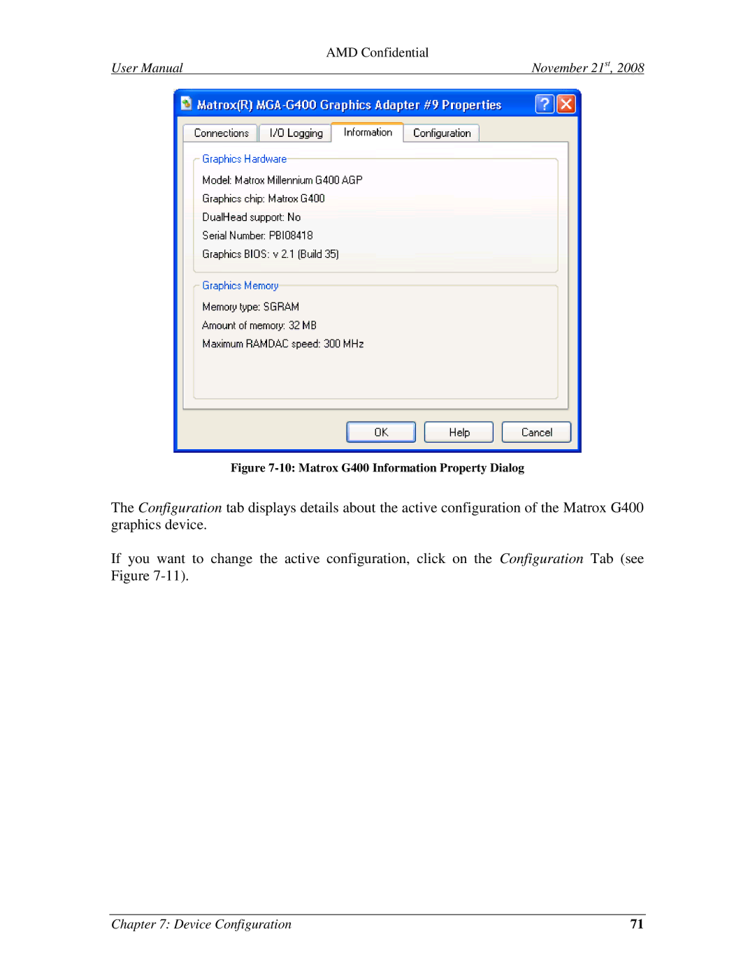 AMD 4.4.5 user manual Matrox G400 Information Property Dialog 