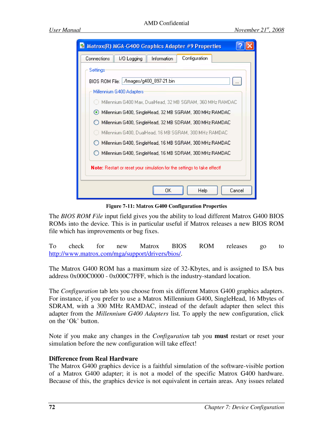 AMD 4.4.5 user manual Matrox G400 Configuration Properties 