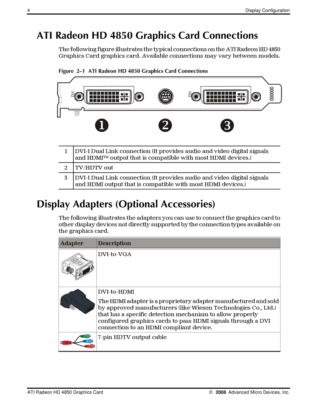 AMD manual ATI Radeon HD 4850 Graphics Card Connections, Display Adapters Optional Accessories, Adapter Description 