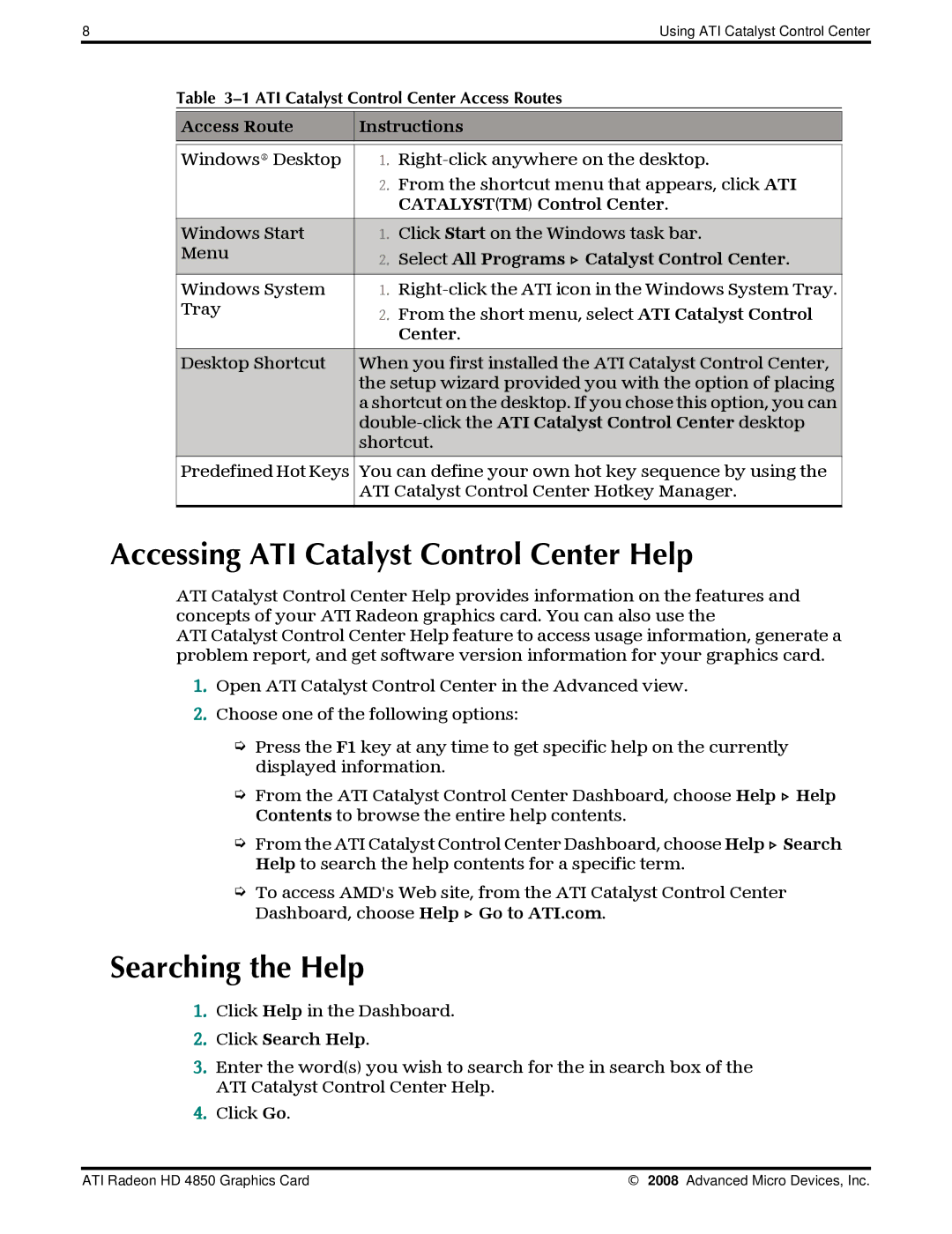 AMD 4850 manual Accessing ATI Catalyst Control Center Help, Searching the Help 