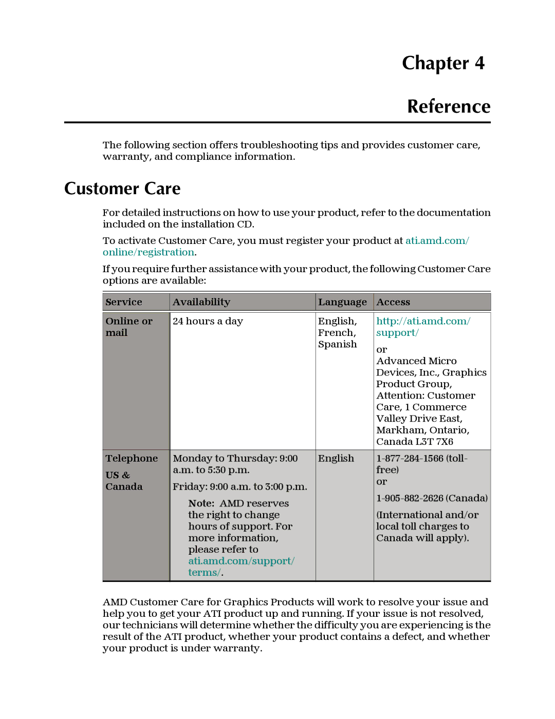 AMD 4850 manual Chapter Reference, Customer Care 