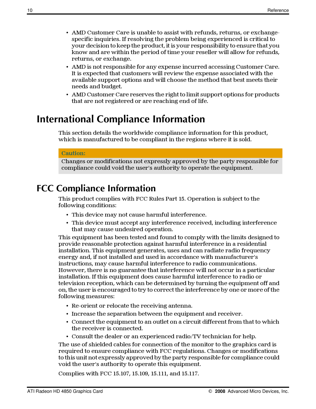 AMD 4850 manual International Compliance Information, FCC Compliance Information 