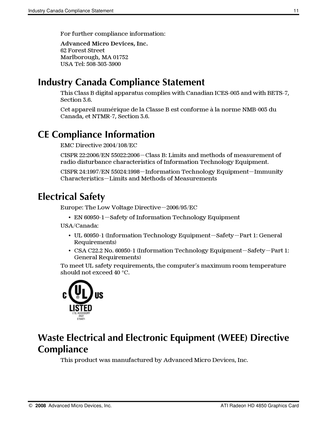 AMD 4850 manual Industry Canada Compliance Statement, Advanced Micro Devices, Inc 