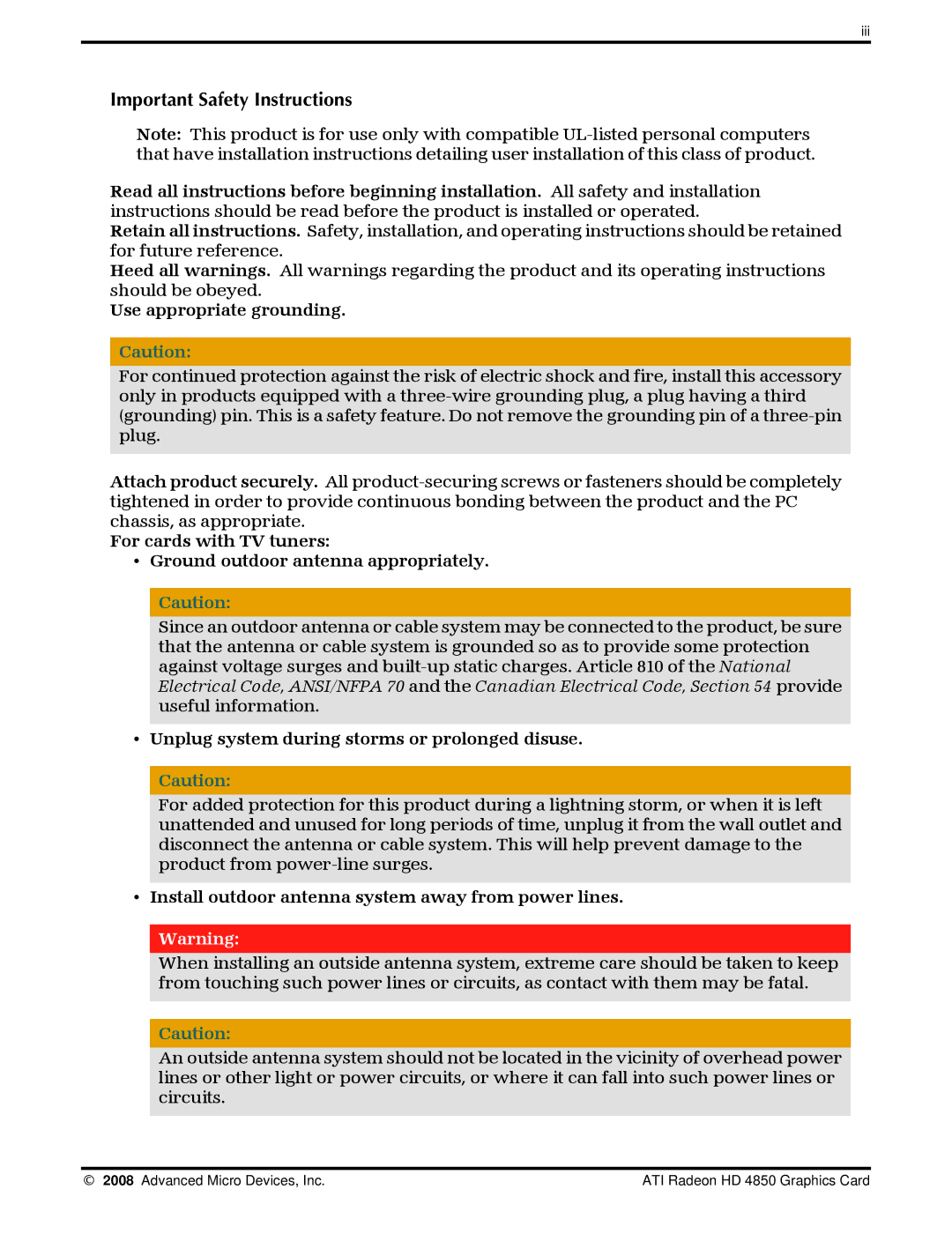 AMD 4850 manual Use appropriate grounding, Unplug system during storms or prolonged disuse 