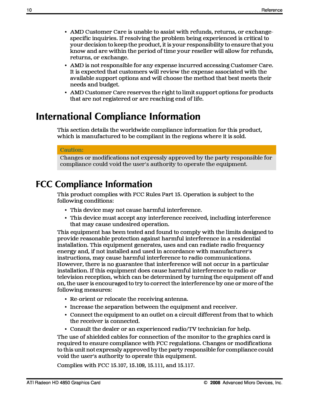 AMD 4850 manual International Compliance Information, FCC Compliance Information 
