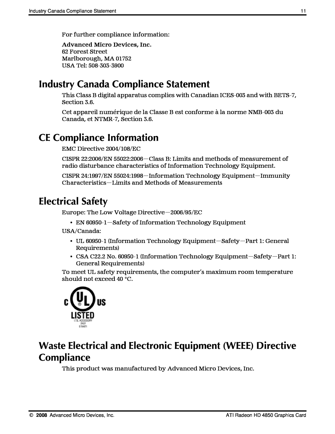 AMD 4850 Industry Canada Compliance Statement, CE Compliance Information, Electrical Safety, Advanced Micro Devices, Inc 